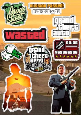 Наклейки Стикеры А5 самоклеющаяся бумага "Игра ГТА / GTA / Grand Theft Auto" стикеры набор Н103 фото