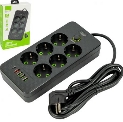 Удлинитель 6 розеток 3USB 2500w 3м 001296 фото